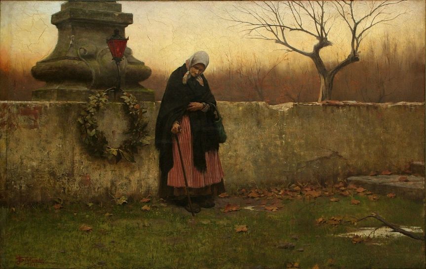  Souls' Day, J Schikaneder 1888. This oil painting shows an praying elderly woman after placing a wreath upon the tombstone of her loved one..jpg